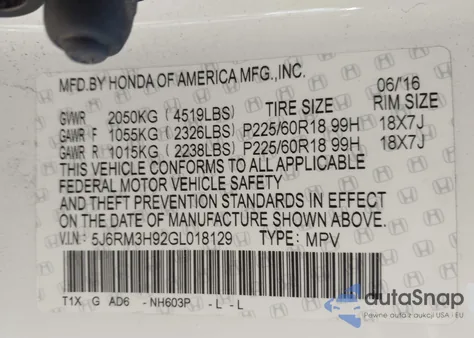 2016 Honda Cr-V Touring z USA, uszkodzony, nr VIN 5J6RM3H92GL018129